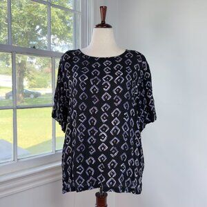 90s Vintage Oversized Blue Geometric Print Blouse Large Business Casual